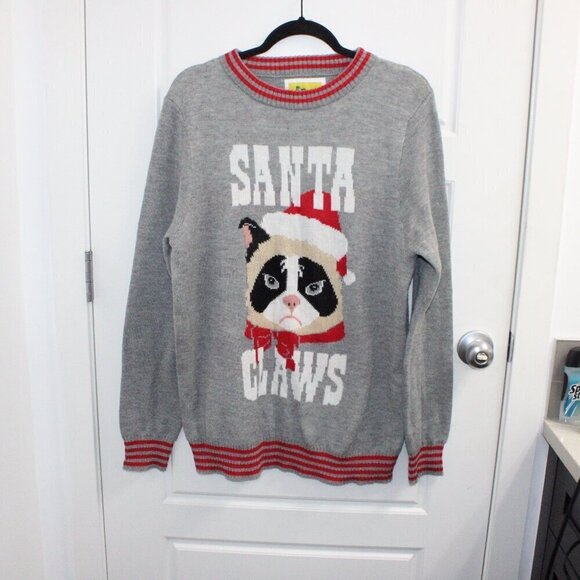 Tipsy Elves Size Large Santa Claws Cat Christmas Sweater Grey Crew Neck - Picture 1 of 3